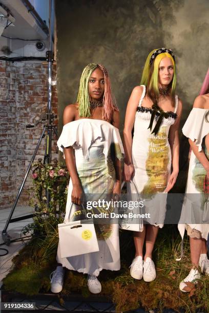 Models showcase designs at the Mimi Wade presentation during London Fashion Week February 2018 at One Star Hotel in Shoreditch on February 16, 2018...