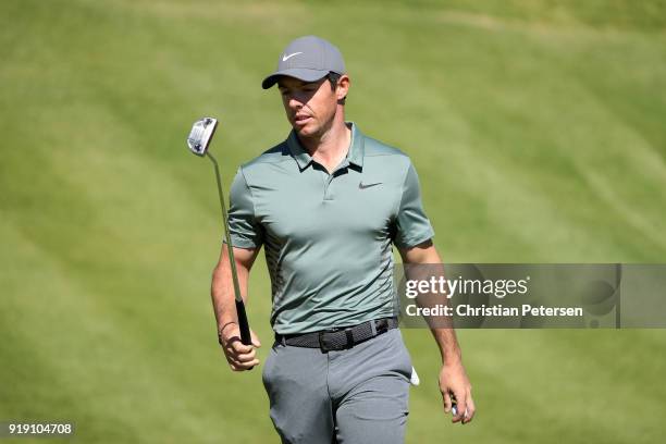 Rory McIlroy of Northern Ireland reacts after making par on the second green during the second round of the Genesis Open at Riviera Country Club on...