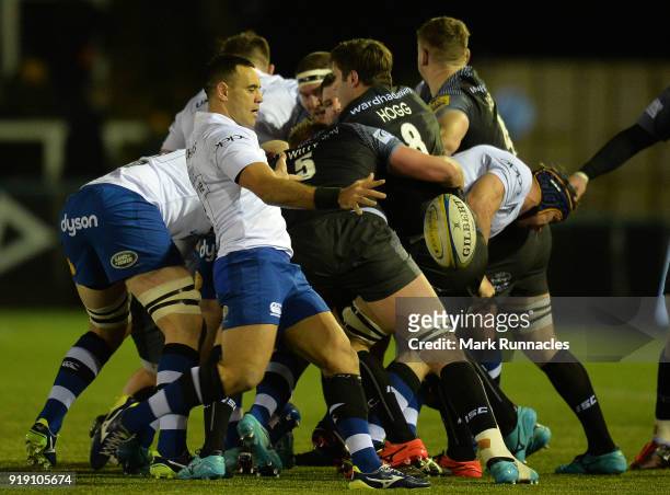 Kahn Fotualii of Bath Rugby kick the ball under pressure during the Aviva Premiership match between Newcastle Falcons and Bath Rugby at Kingston Park...