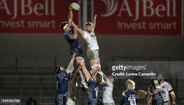 Jono Ross of Sale Sharks wins a line out from George Kruis of Saracens during the Aviva Premiership match between Sale Sharks and Saracens at AJ Bell...