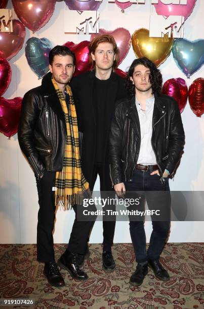 Chris Alderton, Matthew Thomson and Elliot Briggs of The Amazons attend the Wonderland Magazine x MTV Party during London Fashion Week February 2018...