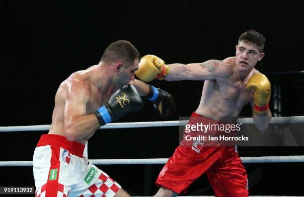 Joseph Ward of the British Lionhearts takes on Damir Plantic of the Croatian Knights during the World Series of Boxing match between The British...