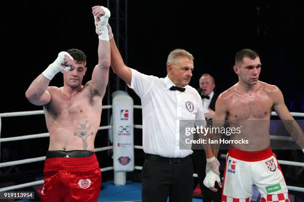 Joseph Ward of the British Lionhearts celebrates after beating Damir Plantic of the Croatian Knights during the World Series of Boxing match between...