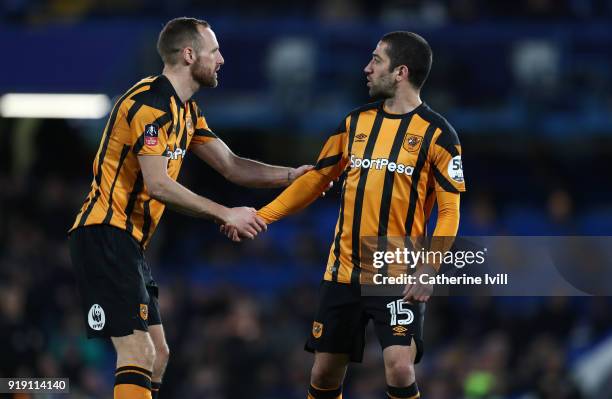 David Meyler of Hull City talks to Evandro Goebel of Hull City during The Emirates FA Cup Fifth Round match between Chelsea and Hull City at Stamford...