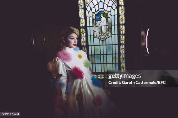 Lilyella Zender backstage ahead of the Pam Hogg show during London Fashion Week February 2018 at The Freemason's Hall on February 16, 2018 in London,...