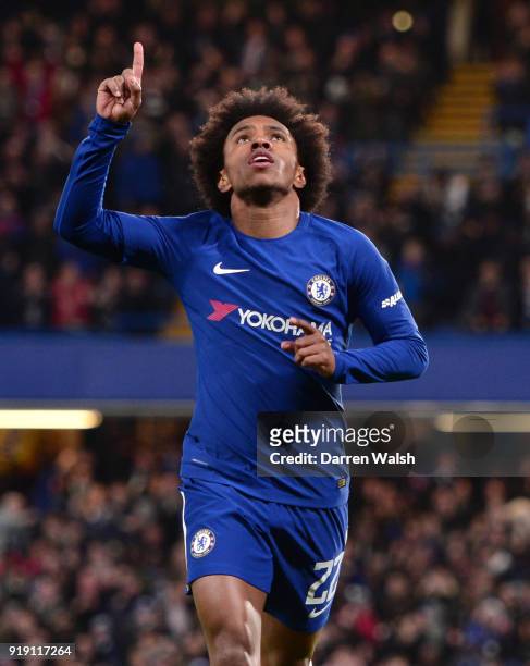 Willian of Chelsea celebrates scoring the first goal during the Emirates FA Cup Fifth Round match between Chelsea and Hull City at Stamford Bridge on...
