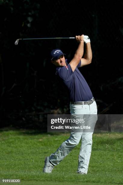 Sam Saunders plays his shot on the 12th hole during the second round of the Genesis Open at Riviera Country Club on February 16, 2018 in Pacific...