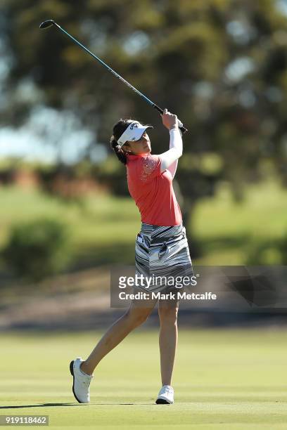 Kim Kaufman of the United States hits an approach shot on the 9th hole during ady two of the ISPS Handa Australian Women's Open at Kooyonga Golf Club...