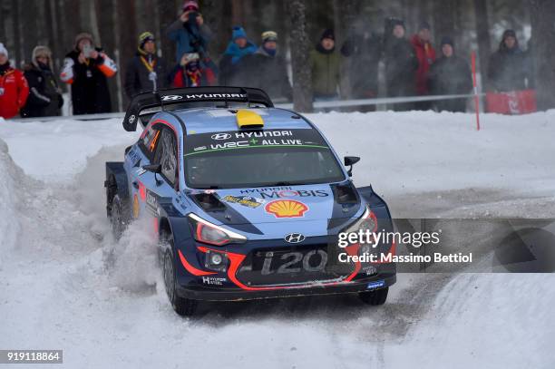 Andreas Mikkelsen of Norway and Anders Jaeger of Norway compete in their Hyundai Shell Mobis WRT Hyundai i20 Coupe WRC during Day One of the WRC...