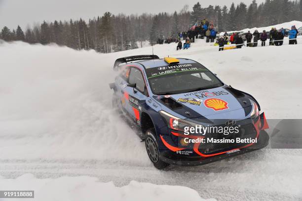 Andreas Mikkelsen of Norway and Anders Jaeger of Norway compete in their Hyundai Shell Mobis WRT Hyundai i20 Coupe WRC during Day One of the WRC...