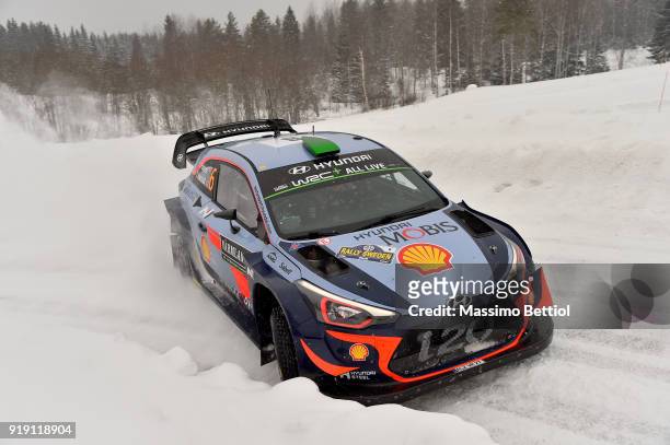 Hayden Paddon of New Zealand and Sebastian Marshall of Great Britain compete in their Hyundai Shell Mobis WRT Hyundai i20 Coupe WRC during Day One of...
