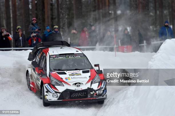 Jari Matti Latvala of Finland and Mikka Anttila of Finland compete in their Toyota Gazoo Racing WRT Toyota Yaris WRC during Day One of the WRC Sweden...