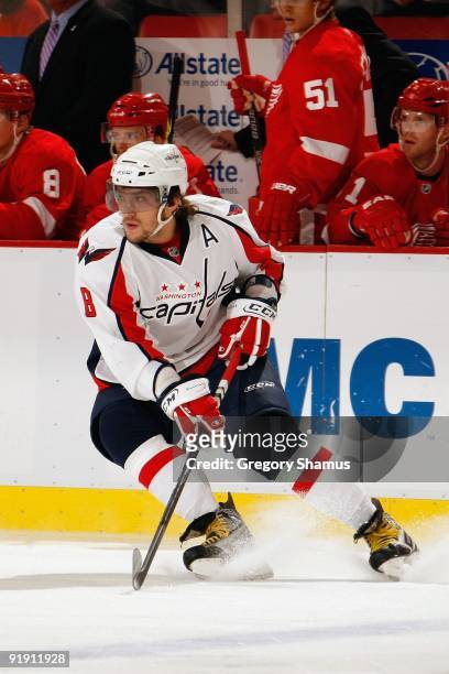 Alex Ovechkin of the Washington Capitals skates during the game against the Detroit Red Wings on October 10, 2009 at Joe Louis Arena in Detroit,...