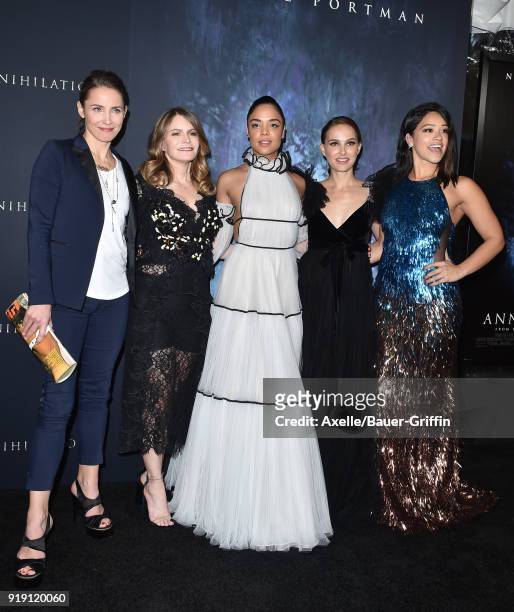 Actors Tuva Novotny, Jennifer Jason Leigh, Tessa Thompson, Natalie Portman and Gina Rodriguez attend the Los Angeles premiere of 'Annihilation' at...