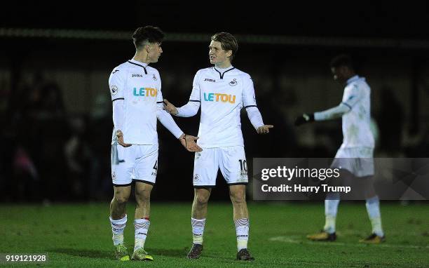 Jack Evans and George Byers of Swansea City exchange opinions at the final whistle during the Premier League 2 match between Swansea City and...