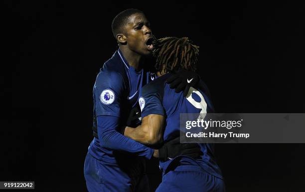 Shilow Tracey and Kazaiah Sterling of Tottenham Hotspur celebrate as Kazaiah Sterling of Tottenham Hotspur scores his sides second goal during the...