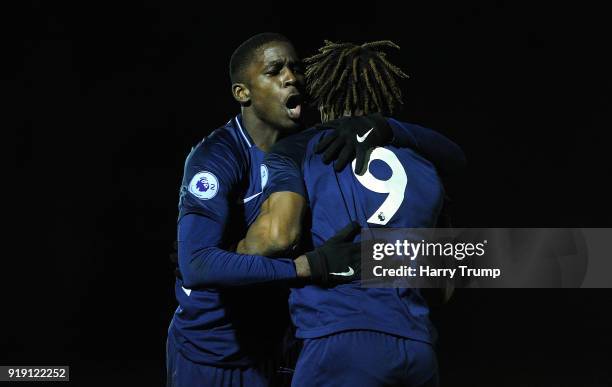 Shilow Tracey and Kazaiah Sterling of Tottenham Hotspur celebrate as Kazaiah Sterling of Tottenham Hotspur scores his sides second goal during the...