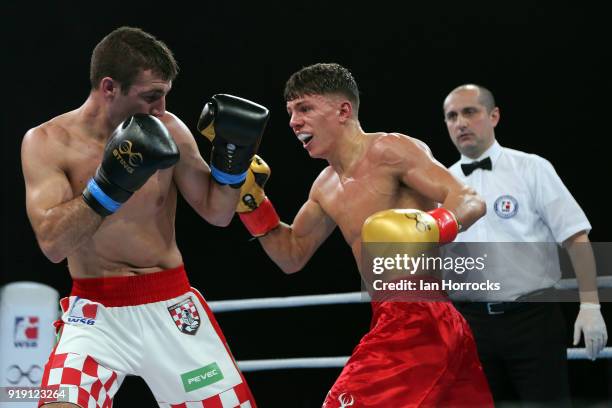 Pat McCormack of the British Lionhearts takes on Mate Rudan of the Croatian Knights during the World Series of Boxing match between The British...