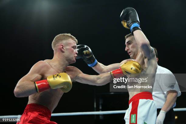 Local boxer Calum French of the British Lionhearts takes on Matteo Komadina of the Croatian Knights during the World Series of Boxing match between...