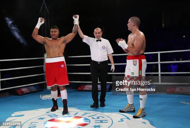 Patrick Malta of the British Lionhearts celebrates after beating Marijan Brnic of the Croatian Knights during the World Series of Boxing match...