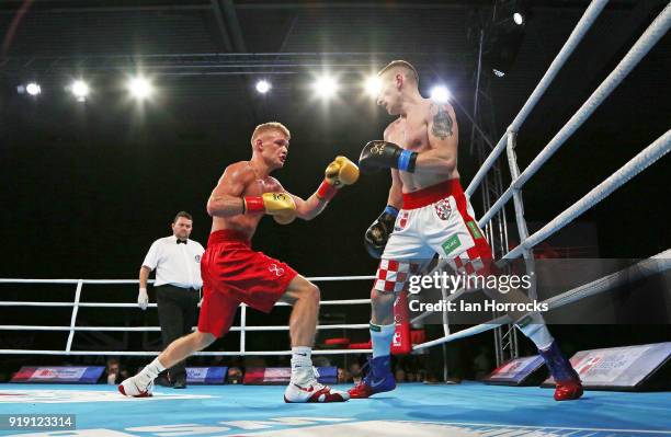 Local boxer Calum French of the British Lionhearts takes on Matteo Komadina of the Croatian Knights during the World Series of Boxing match between...