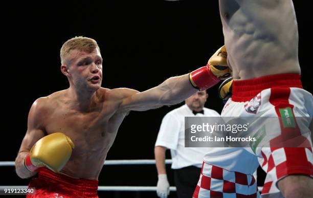 Local boxer Calum French of the British Lionhearts takes on Matteo Komadina of the Croatian Knights during the World Series of Boxing match between...