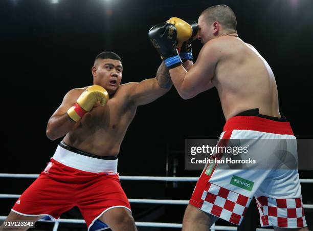 Patrick Malta of the British Lionhearts takes on Marijan Brnic of the Croatian Knights during the World Series of Boxing match between The British...