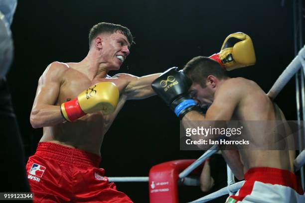 Pat McCormack of the British Lionhearts takes on Mate Rudan of the Croatian Knights during the World Series of Boxing match between The British...