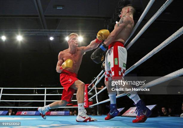 Local boxer Calum French of the British Lionhearts takes on Matteo Komadina of the Croatian Knights during the World Series of Boxing match between...