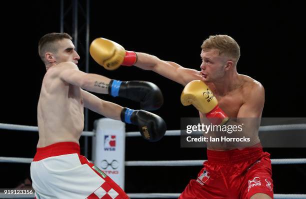 Local boxer Calum French of the British Lionhearts takes on Matteo Komadina of the Croatian Knights during the World Series of Boxing match between...