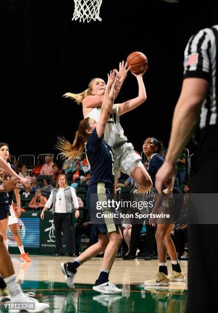 Miami forward/center Emese Hof shoots during a women's college basketball game between the University of Pittsburgh Panthers and the University of...