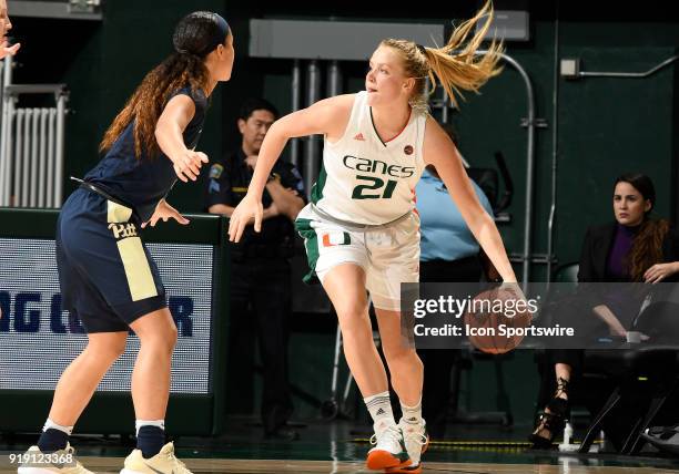 Miami forward/center Emese Hof plays during a women's college basketball game between the University of Pittsburgh Panthers and the University of...