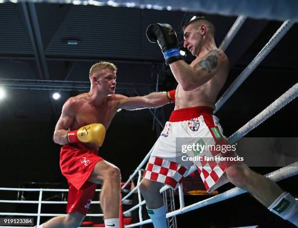 Local boxer Calum French of the British Lionhearts takes on Matteo Komadina of the Croatian Knights during the World Series of Boxing match between...