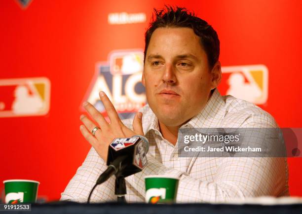 John Lackey of the Los Angeles Angels of Anaheim speaks at a press conference during workouts on October 15, 2009 at Yankee Stadium in the Bronx...