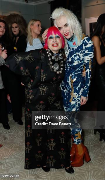 Zandra Rhodes and Pam Hogg attend the Pam Hogg After Show Party during London Fashion Week February 2018 at The Groucho Club on February 16, 2018 in...