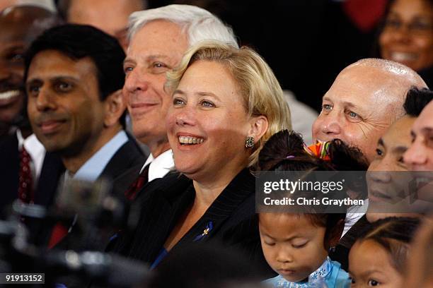 From left, Louisiana State Governor Bobby Jindal, Attorney General James D. "Buddy" Caldwell, Senator Mary Landrieu , Lt. Governor Mitch Landrieu and...