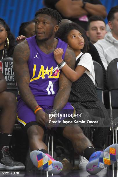 Nate Robinson looks on from the bench during the 2018 NBA All-Star Game Celebrity Game at Los Angeles Convention Center on February 16, 2018 in Los...