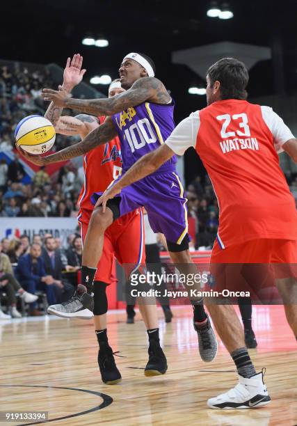 Jason Williams, Nick Cannon and Bubba Watson play during the 2018 NBA All-Star Game Celebrity Game at Los Angeles Convention Center on February 16,...