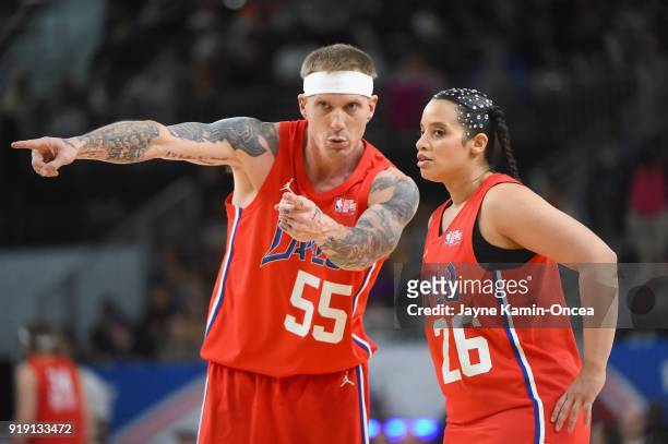 Jason Williams talks with Dascha Polanco during the 2018 NBA All-Star Game Celebrity Game at Los Angeles Convention Center on February 16, 2018 in...