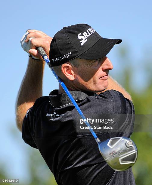 Jim Furyk hits a tee shot during the first round of the Justin Timberlake Shriners Hospitals for Children Open held at TPC Summerlin on October 15,...