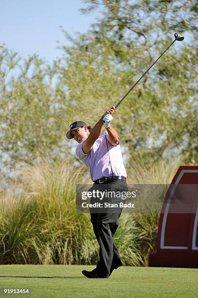 Scott Piercy hits from the 18th tee box during the first round of the Justin Timberlake Shriners Hospitals for Children Open held at TPC Summerlin on...