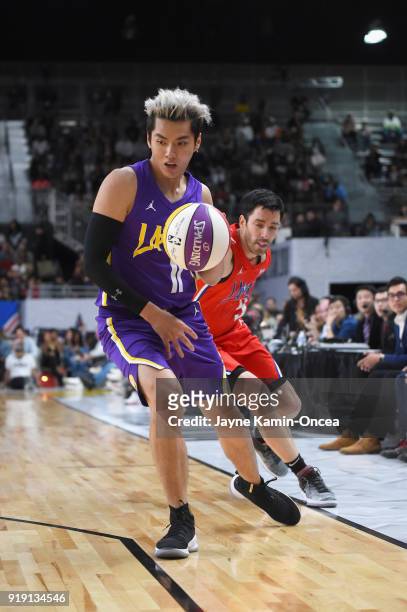 Kris Wu and Drew Scott play during the 2018 NBA All-Star Game Celebrity Game at Los Angeles Convention Center on February 16, 2018 in Los Angeles,...