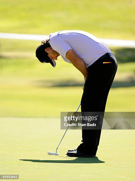 Scott Piercy lowers his head after missing a birdie putt at the 16th green during the first round of the Justin Timberlake Shriners Hospitals for...