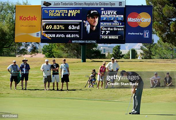 Jim Furyk hits his putt at the ninth green during the first round of the Justin Timberlake Shriners Hospitals for Children Open held at TPC Summerlin...