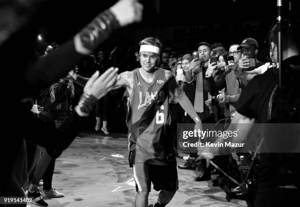 Recording artist Justin Bieber is introduced during the NBA All-Star Celebrity Game 2018 presented by Ruffles at Verizon Up Arena at LACC on February...