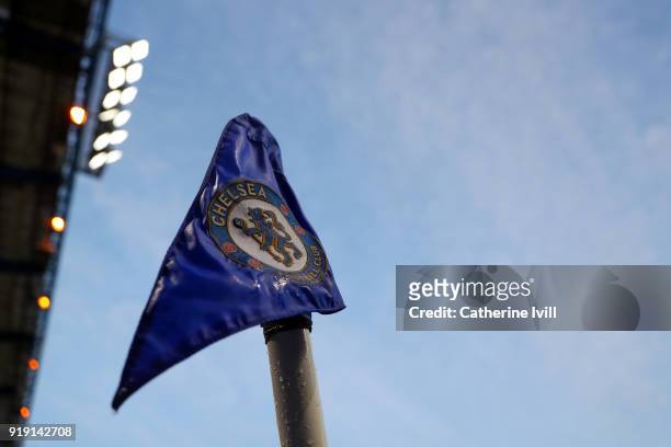 General view of the Chelsea corner flag during The Emirates FA Cup Fifth Round match between Chelsea and Hull City at Stamford Bridge on February 16,...