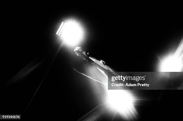 Seou Choi of Korea soars through the air during the Ski Jumping Men's Large Hill Individual Qualification at Alpensia Ski Jumping Center on February...