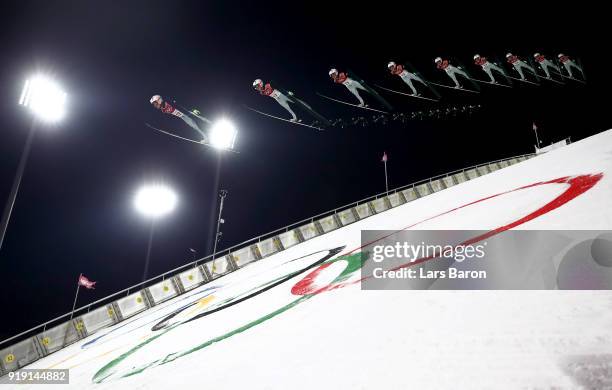 Seou Choi of Korea makes a trial jump during the Ski Jumping Men's Large Hill Individual Qualification at Alpensia Ski Jumping Center on February 16,...