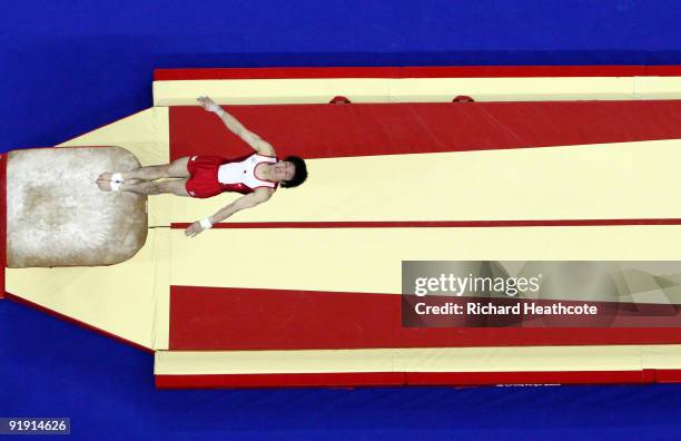 Kohei Uchimura of Japan competes in the vault event during the Men's All Round Final on the third day of the Artistic Gymnastics World Championships...