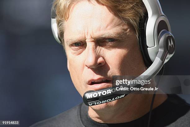 Head coach Jack Del Rio of the Jacksonville Jaguars watches the action during the game against the Seattle Seahawks on October 11, 2009 at Qwest...